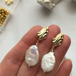 Gold and White Pearl Dangle Earrings